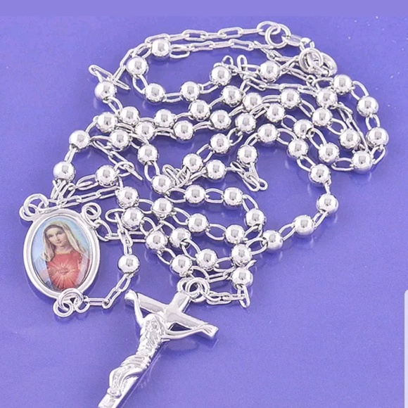 Jewelry - White Gold Filled Cross Pendant  Virgin Maria Holy rosary